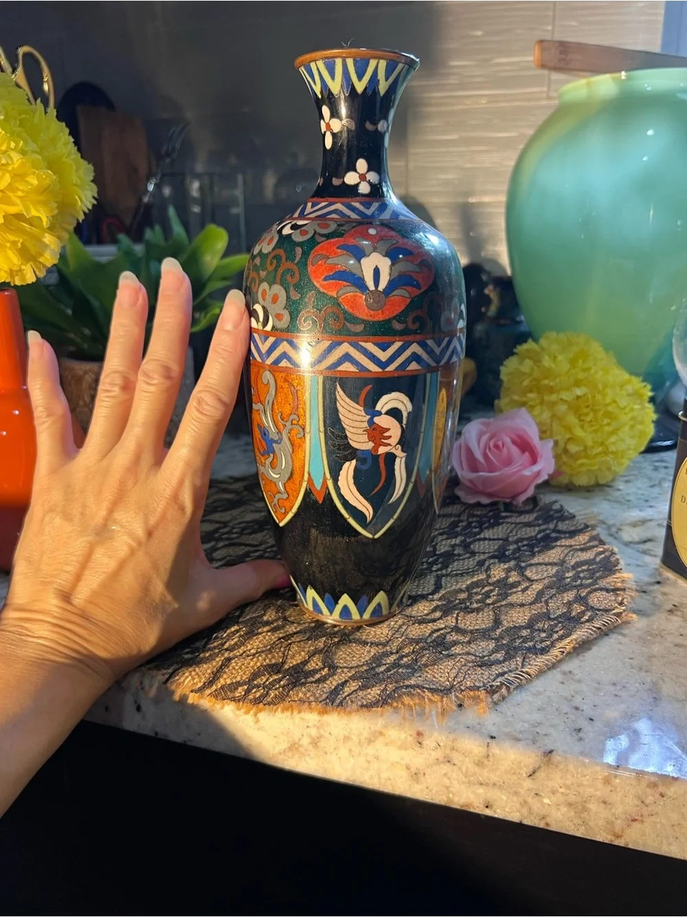 Antique Black Green Orange Cloisonné Vase no flaws